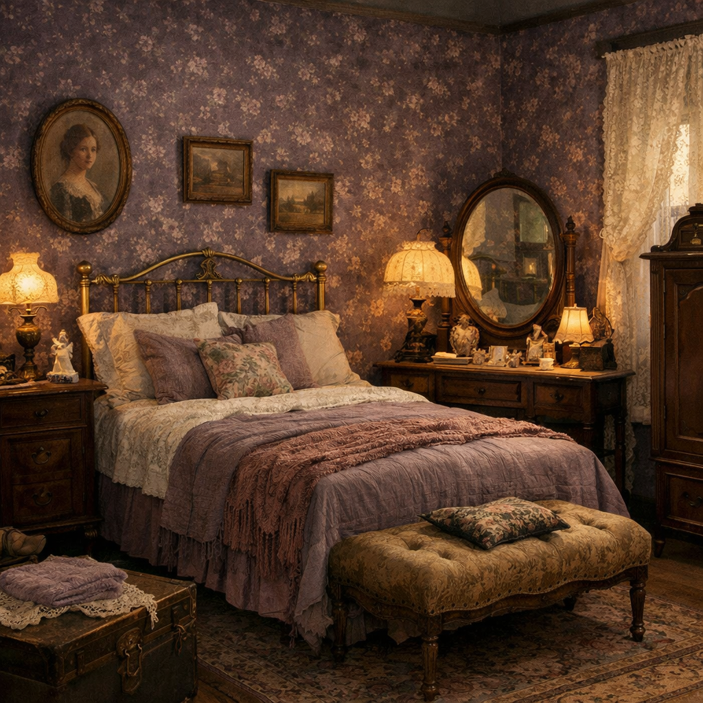 A vintage-themed bedroom with purple wallpaper, floral bedding, and antique furniture.