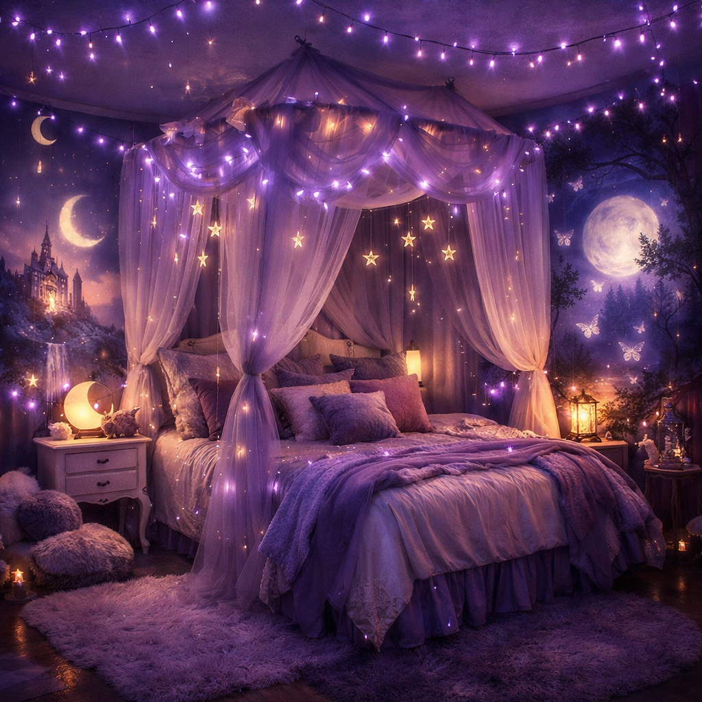 A whimsical purple themed bedroom with fairy lights, soft bedding, and a magical mural.