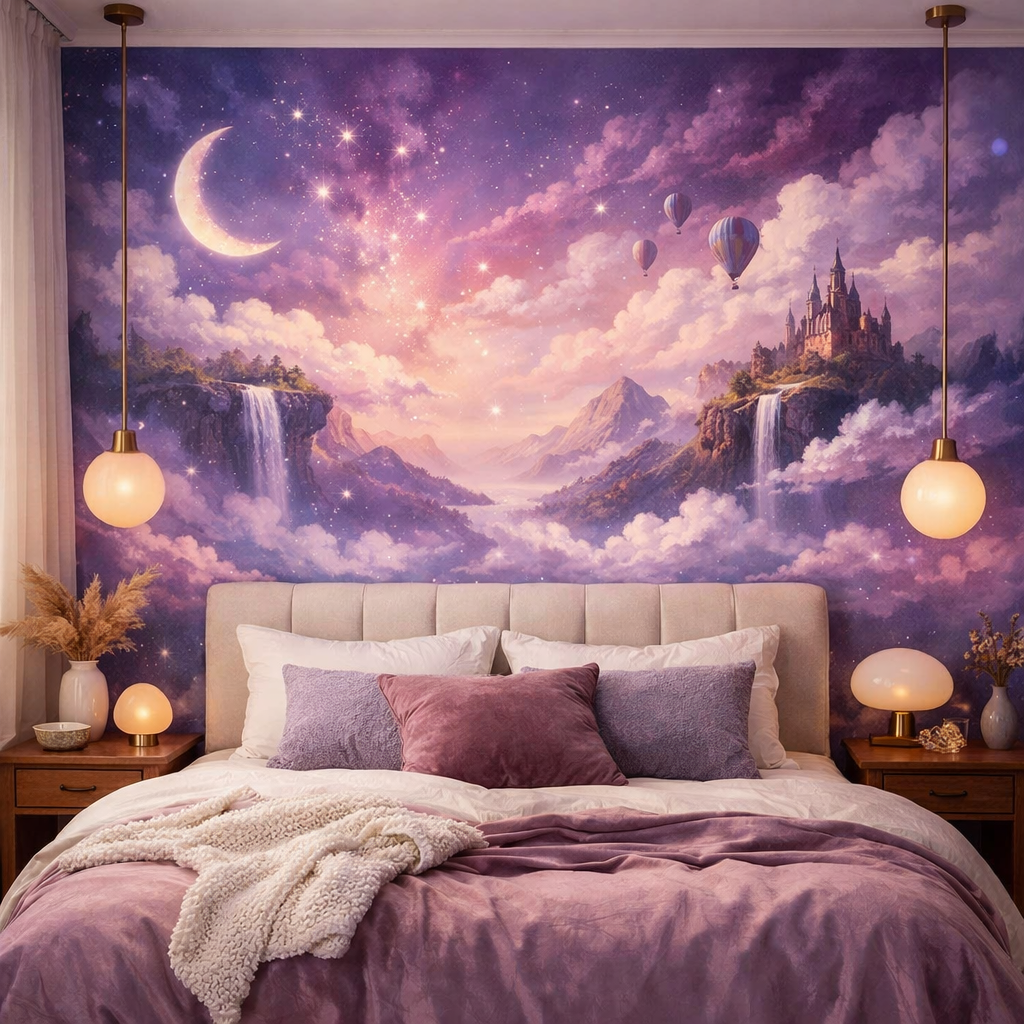 A cozy bedroom with a purple wall mural depicting a magical landscape, featuring a waterfall, mountains, and hot air balloons, complemented by soft bedding and warm lighting.