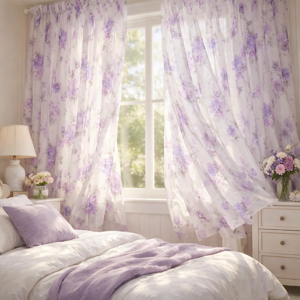 A beautifully decorated bedroom with floral purple curtains, a white bed with soft purple bedding, and a vase of flowers on the nightstand.