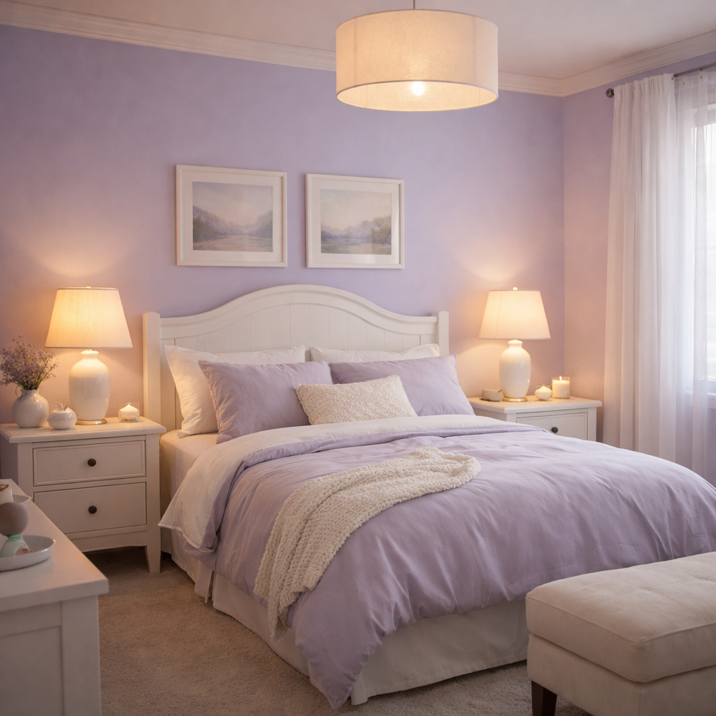A serene bedroom featuring lavender walls and white accents, with cozy bedding and soft lighting.