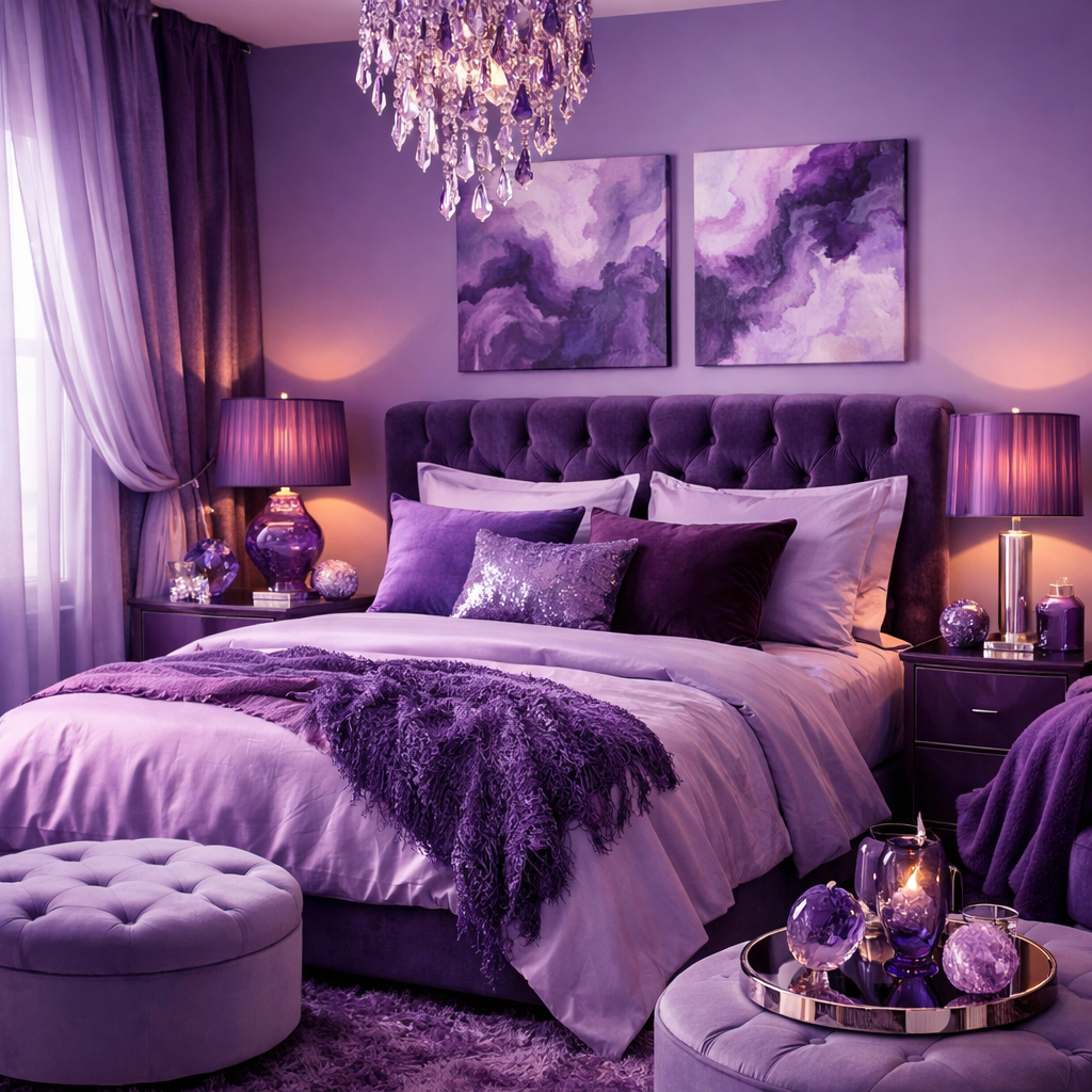 A cozy purple bedroom decorated with varying shades of purple, featuring plush bedding, decorative lamps, and abstract wall art.