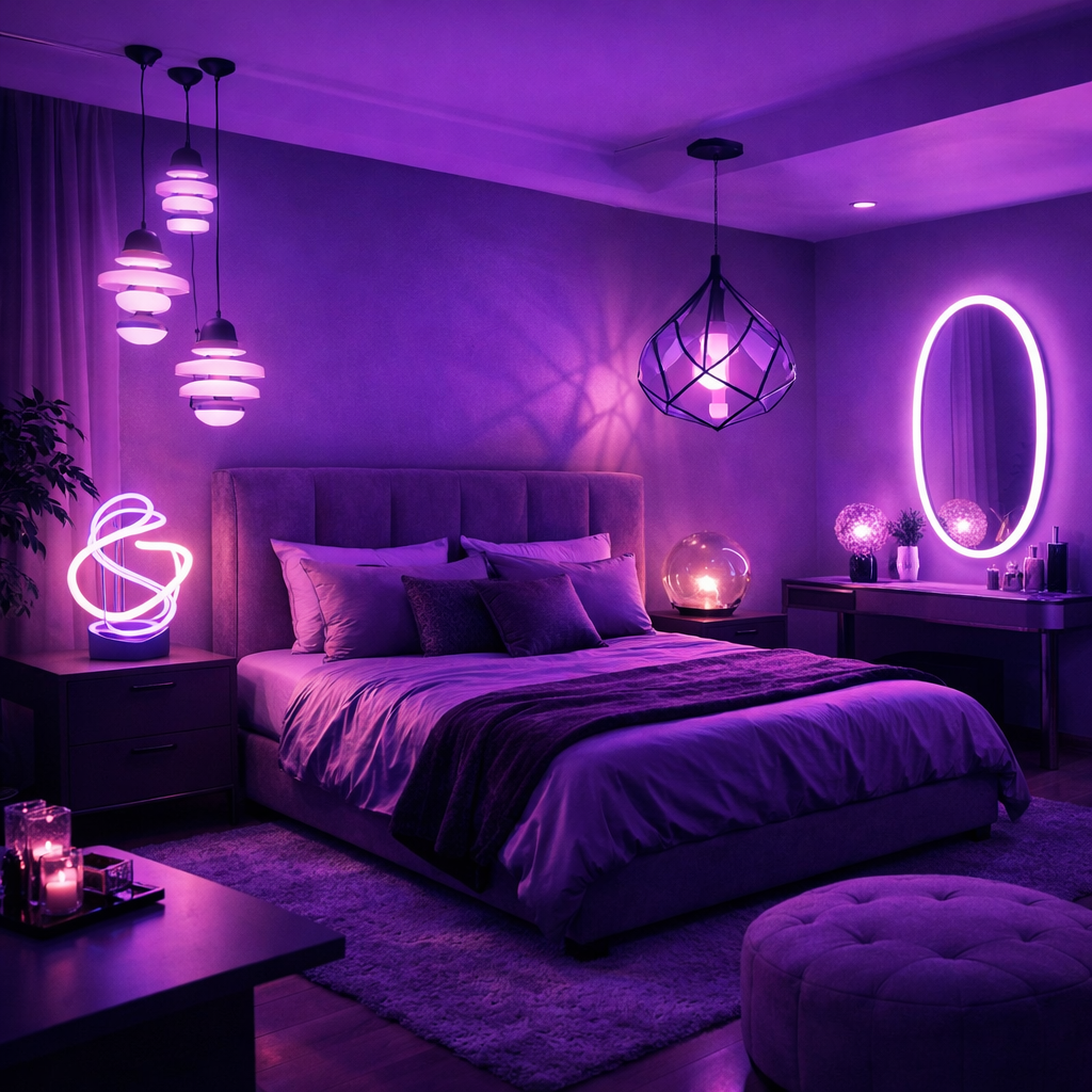 A stylish purple-themed bedroom with various lighting fixtures.
