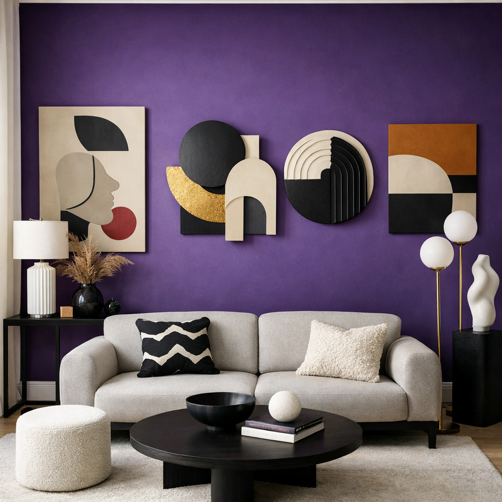 A stylish purple accent wall with abstract art above a sleek gray sofa.