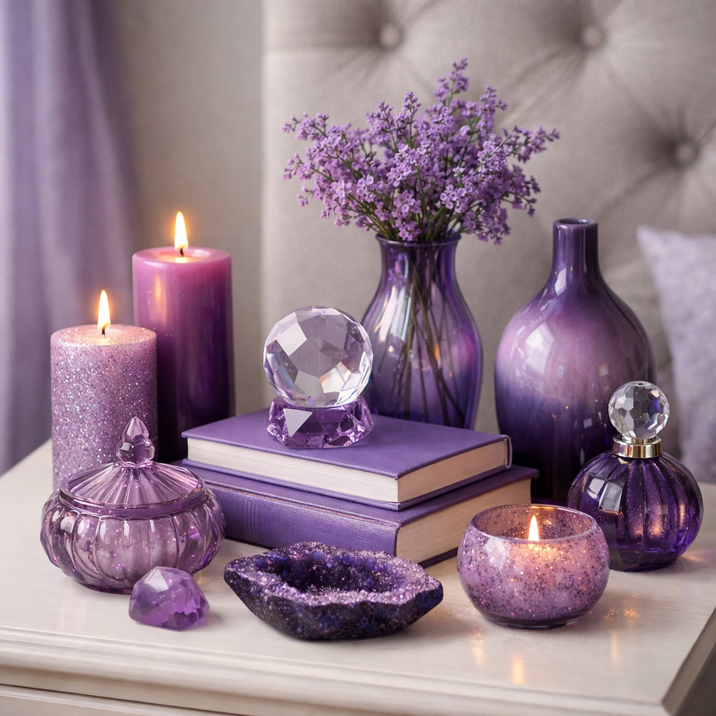 Purple decorative accessories including candles, flowers, and glass pieces on a bedroom table