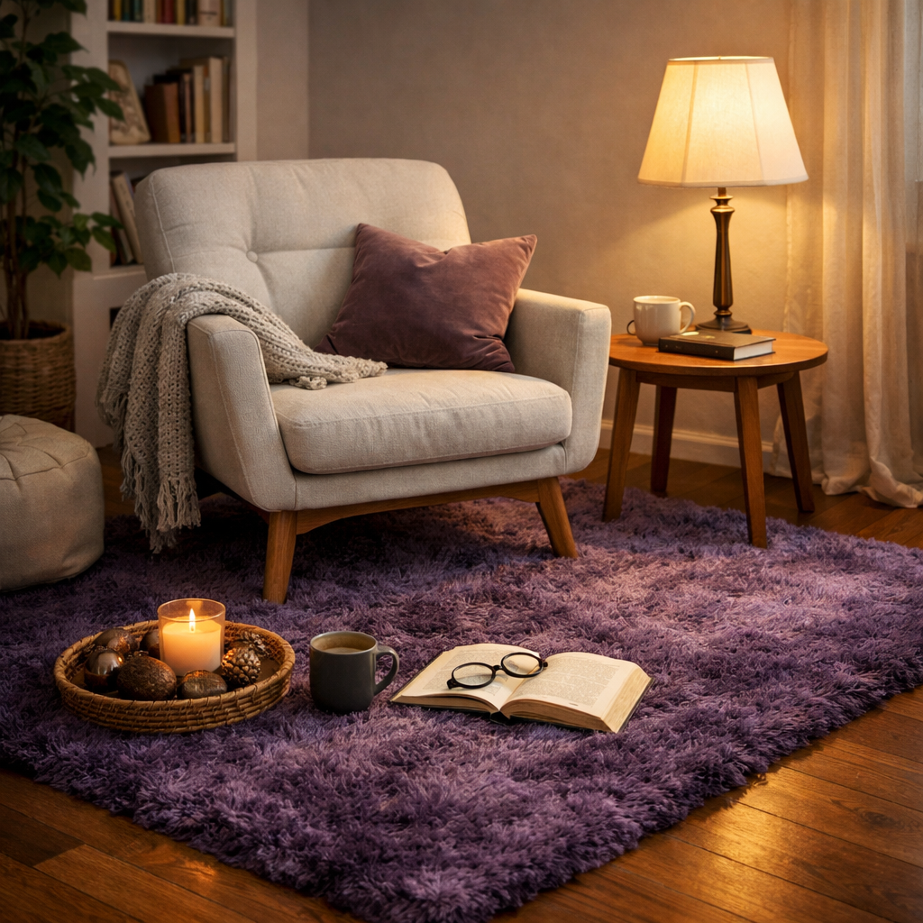 Cozy bedroom scene with a purple rug, armchair, and table with candles and a book