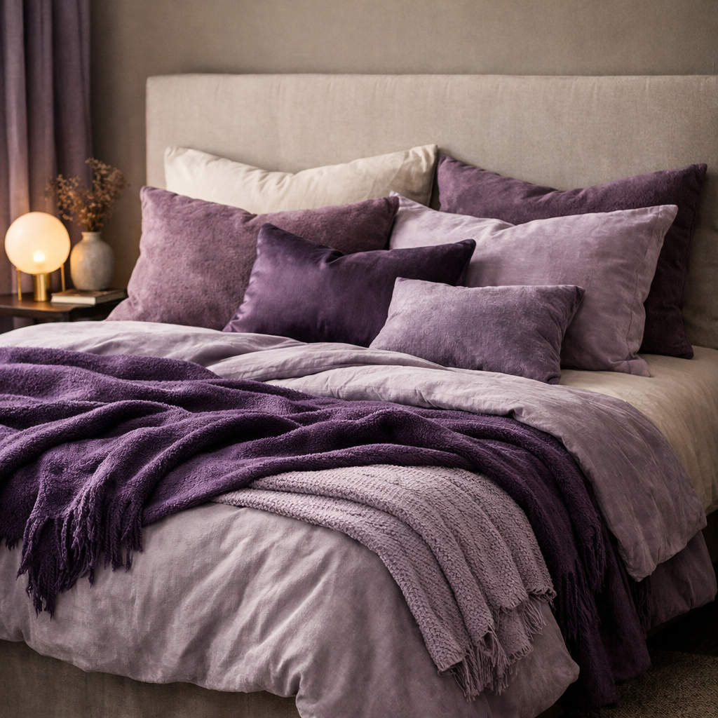 Purple throw blankets and cushions on a stylish bed with a soft beige headboard.