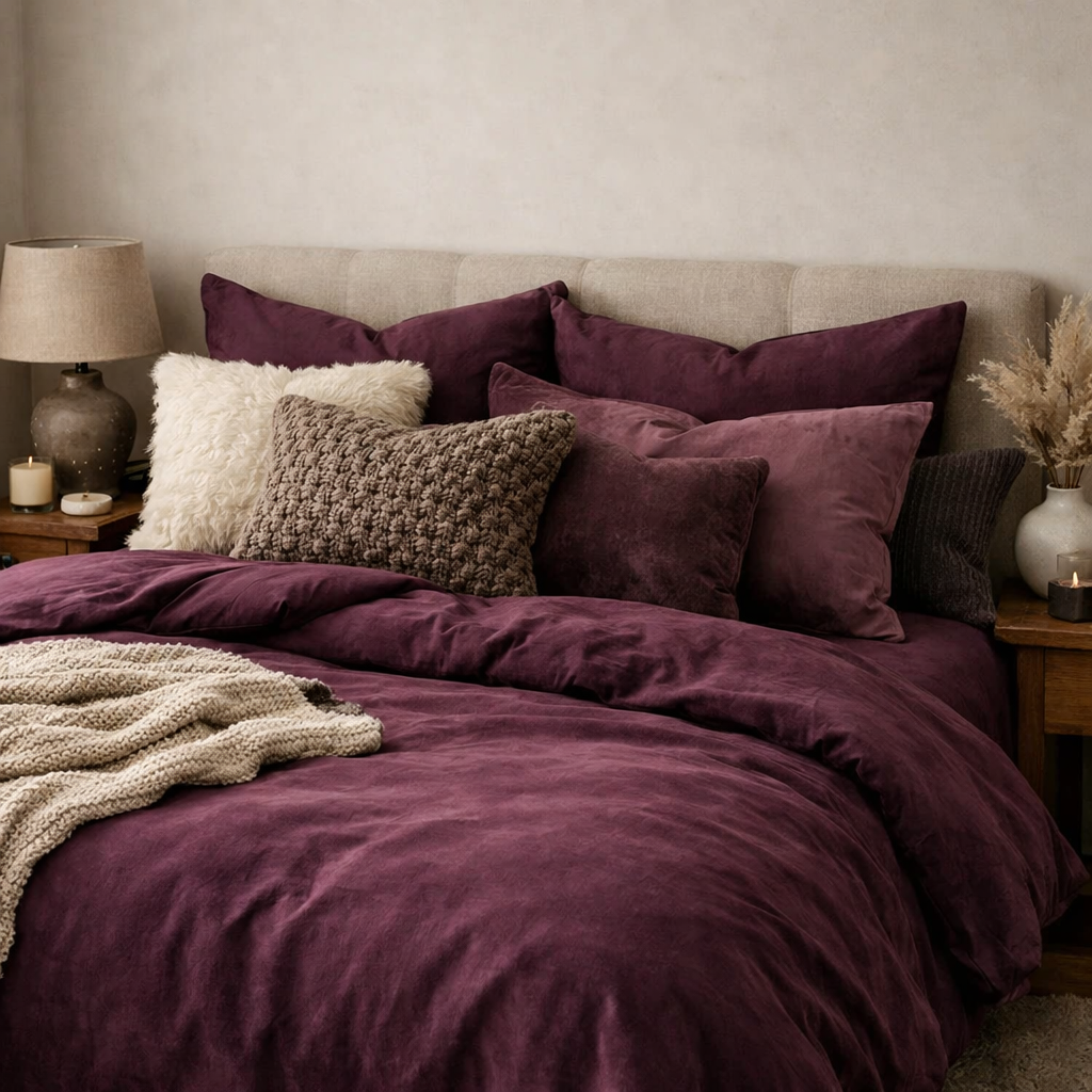 Plum bedding set with cushions and a knitted throw on a bed