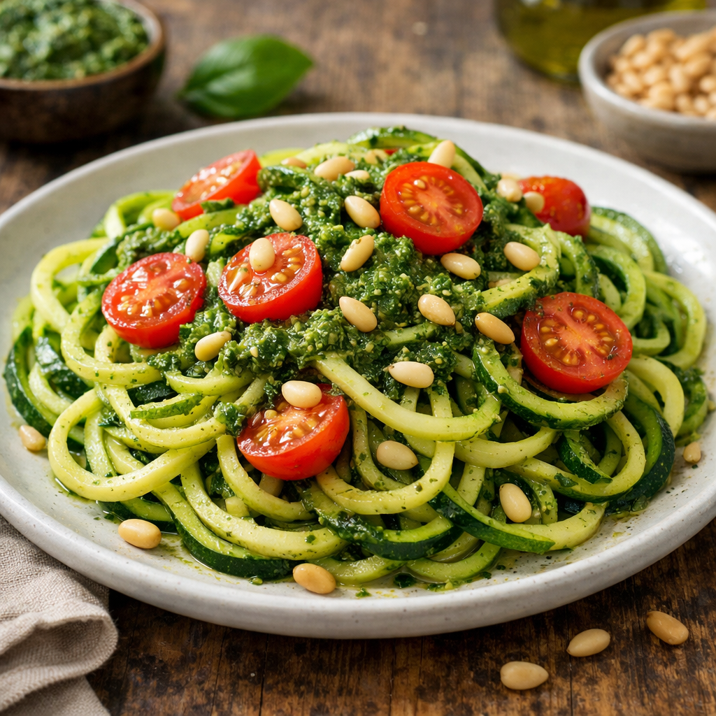 A vibrant plate of zucchini noodles with pesto, garnished with cherry tomatoes and pine nuts.
