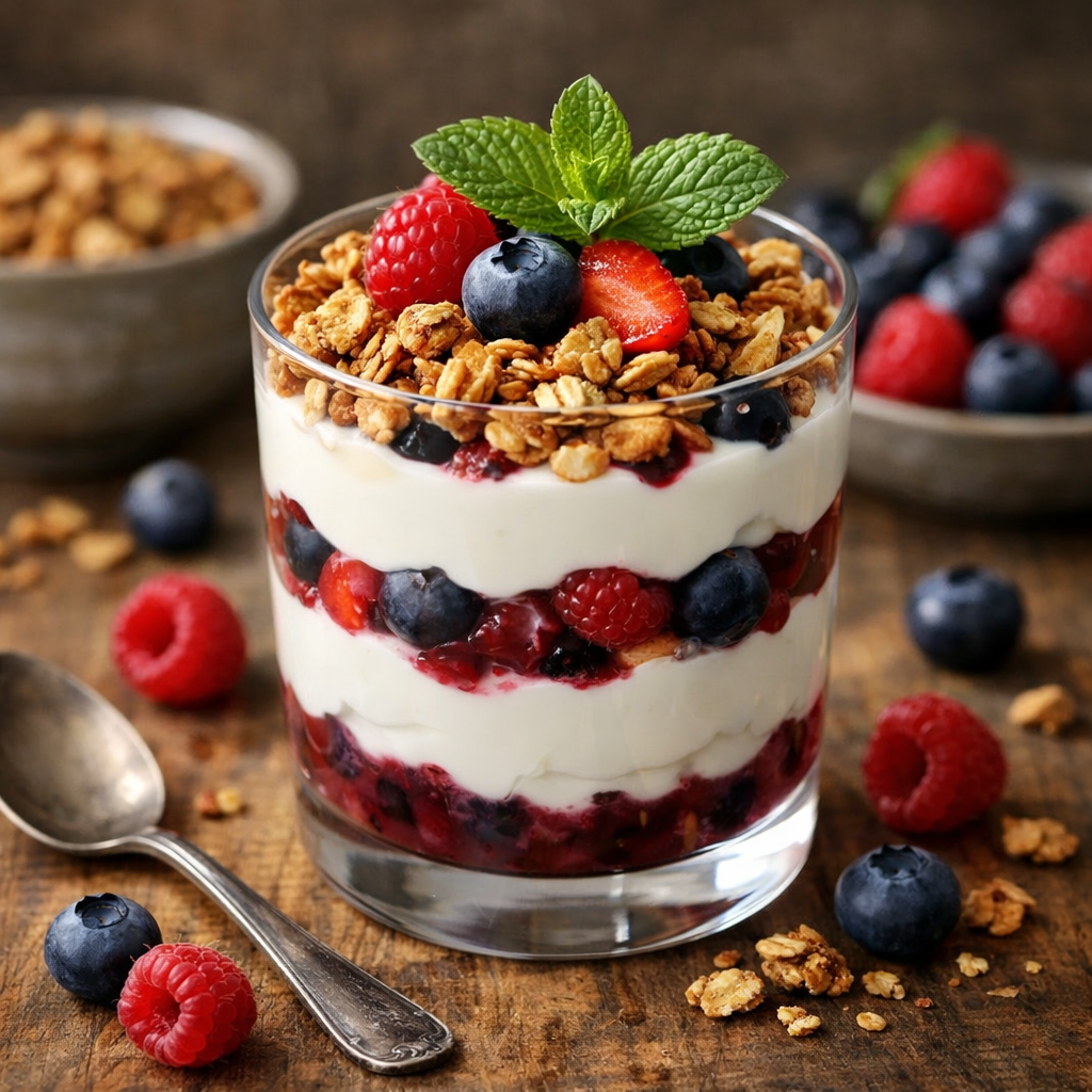 A delicious Greek Yogurt and Berry Parfait in a glass with layers of yogurt, mixed berries, and granola on a wooden surface.