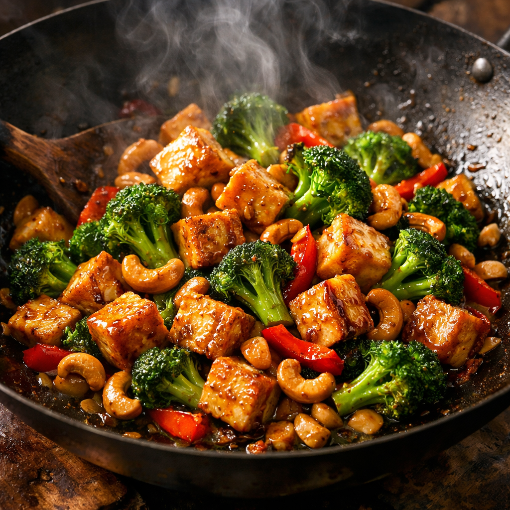 A colorful tofu stir-fry featuring broccoli, cashews, and red bell peppers in a skillet.