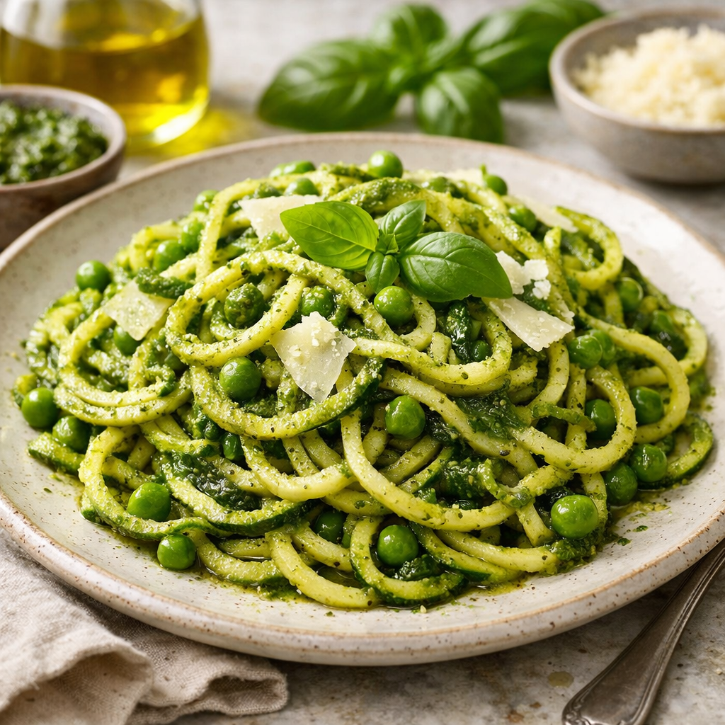 A vibrant plate of zucchini noodles tossed in pesto and peas, garnished with fresh basil.
