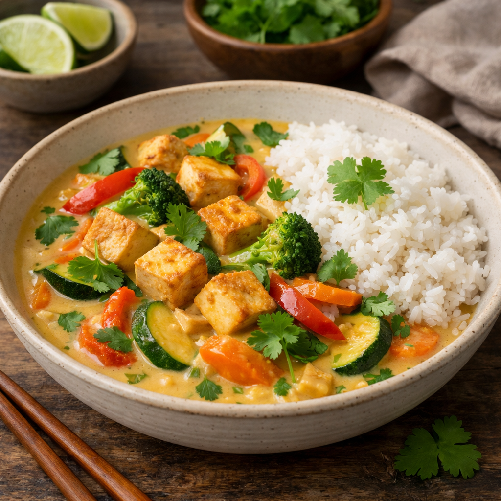 A bowl of creamy coconut curry with tofu and a variety of vibrant vegetables, served with rice.