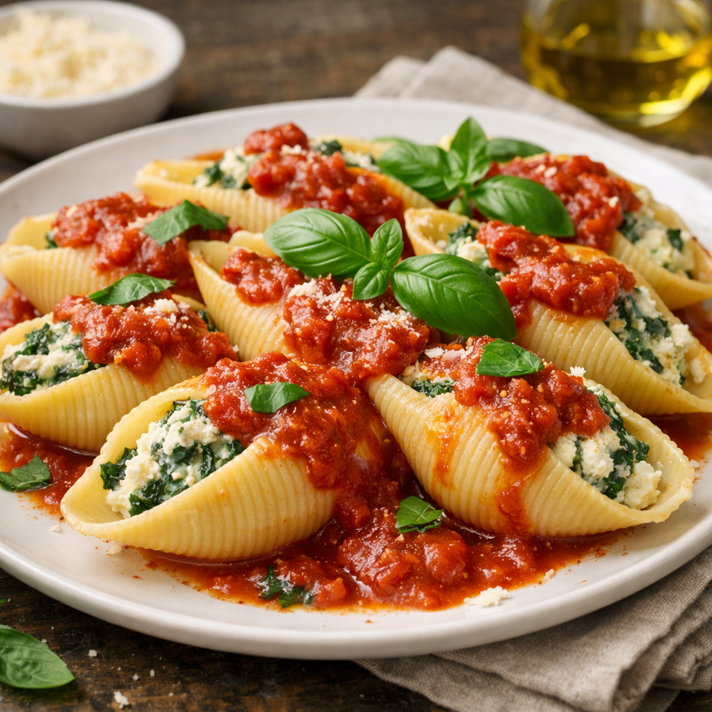 A plate of creamy spinach and ricotta stuffed shells topped with marinara sauce and fresh basil.