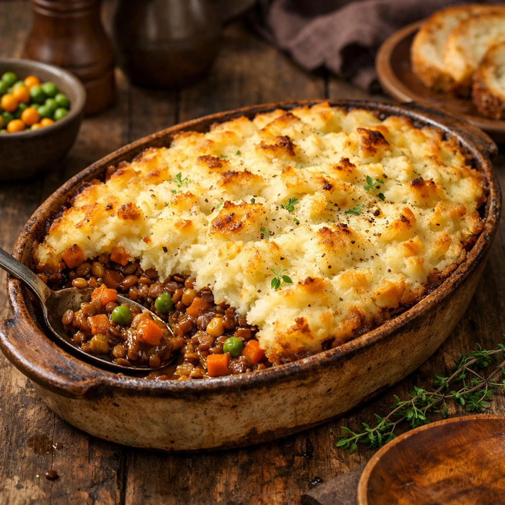 Lentil and Vegetable Shepherd's Pie garnished with herbs in a baking dish