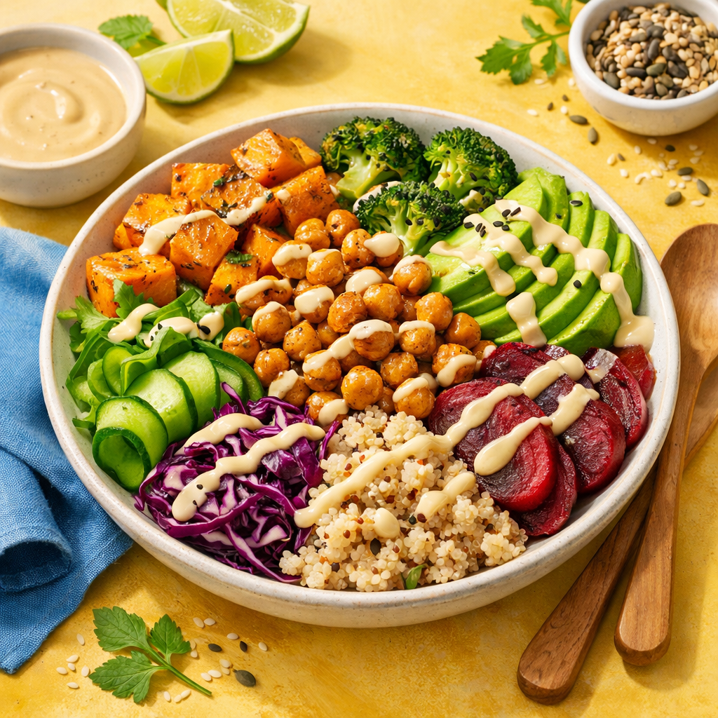 A colorful Buddha bowl featuring roasted sweet potatoes, chickpeas, avocado, and various fresh vegetables.