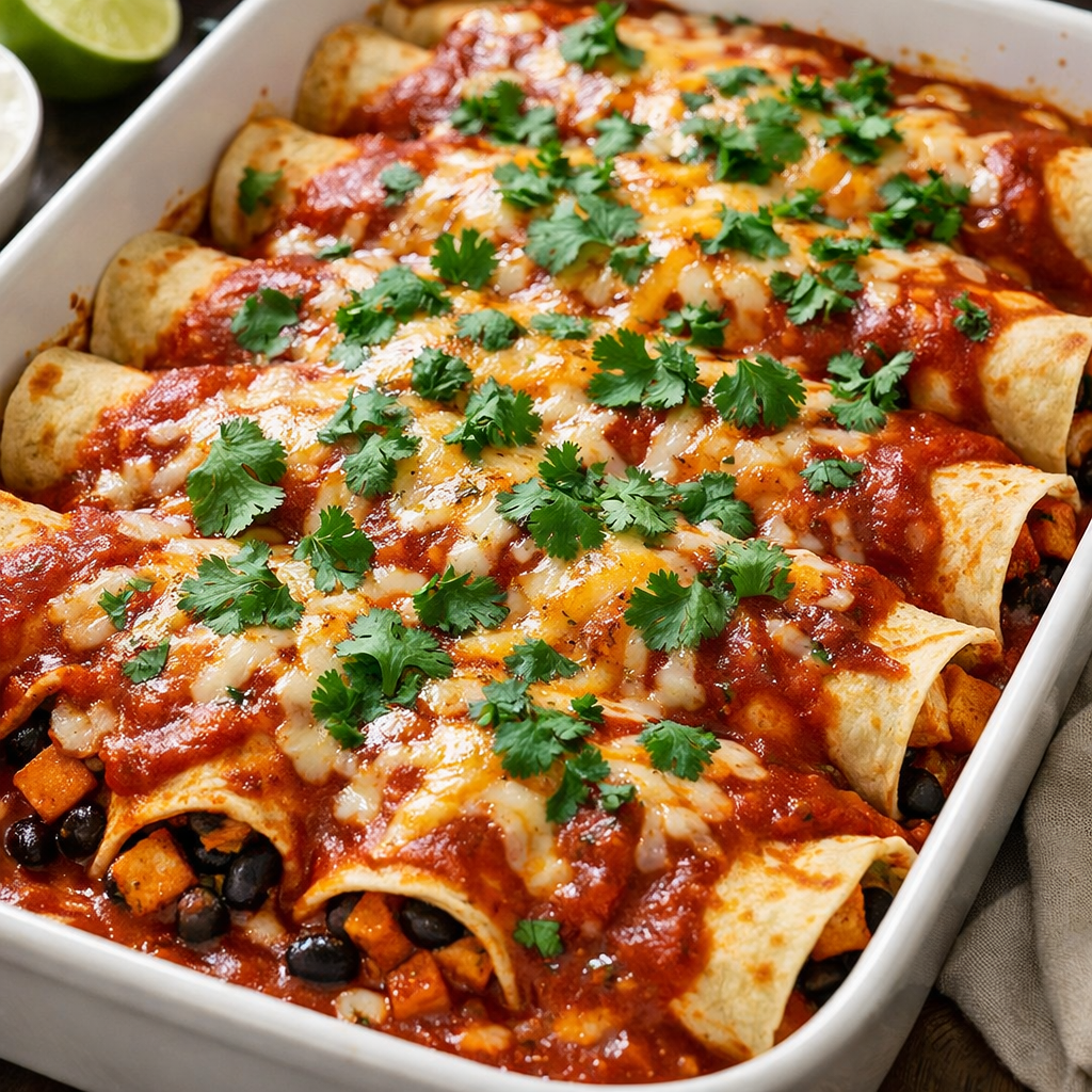 A baking dish filled with sweet potato and black bean enchiladas topped with cheese and cilantro.