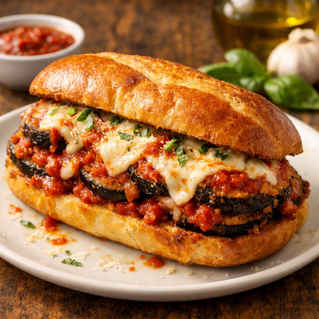A delicious Eggplant Parmesan Sandwich with melted cheese, marinara sauce, and crispy eggplant.