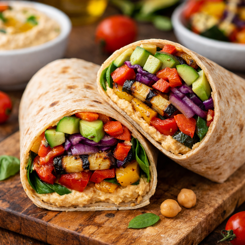 A delicious Grilled Vegetable and Hummus Wrap filled with colorful veggies on a wooden board.