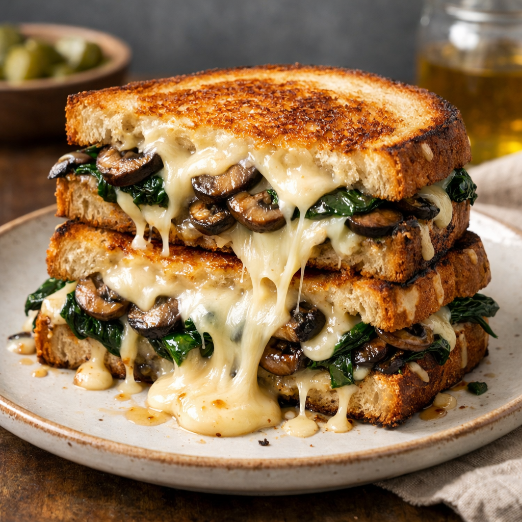 Mushroom and Spinach Grilled Cheese Sandwich with melted cheese oozing out