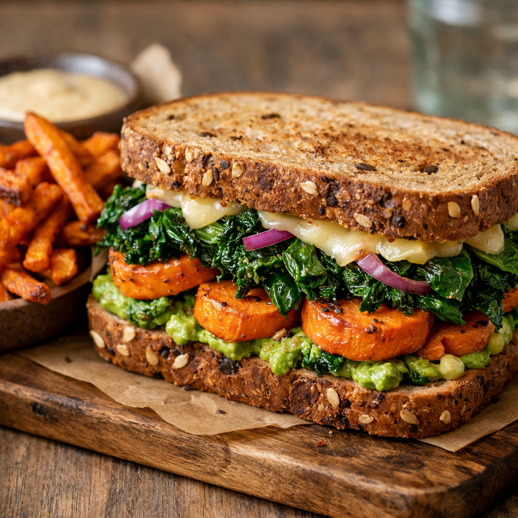 Sweet Potato and Kale Sandwich with side of sweet potato fries