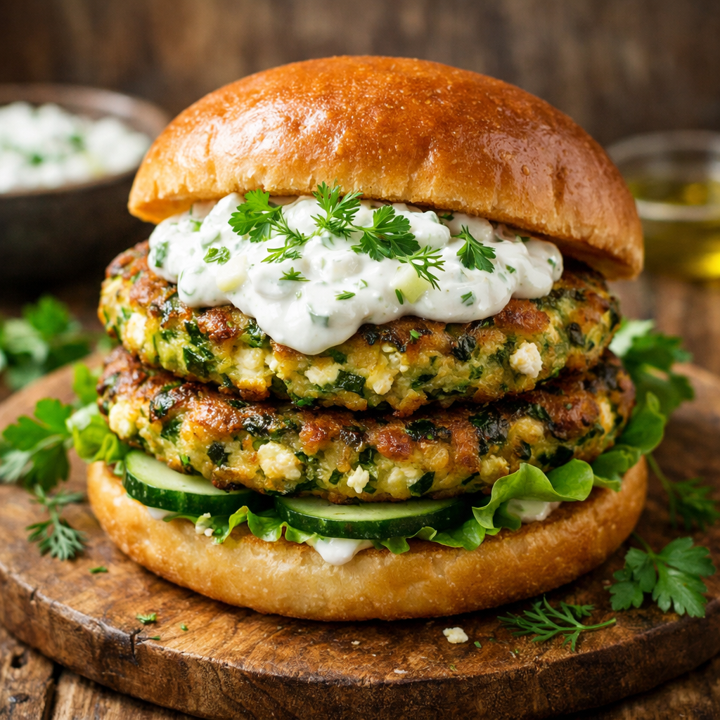 A delicious zucchini and feta fritters sandwich with lettuce, cucumber, and creamy sauce on a wooden plate.