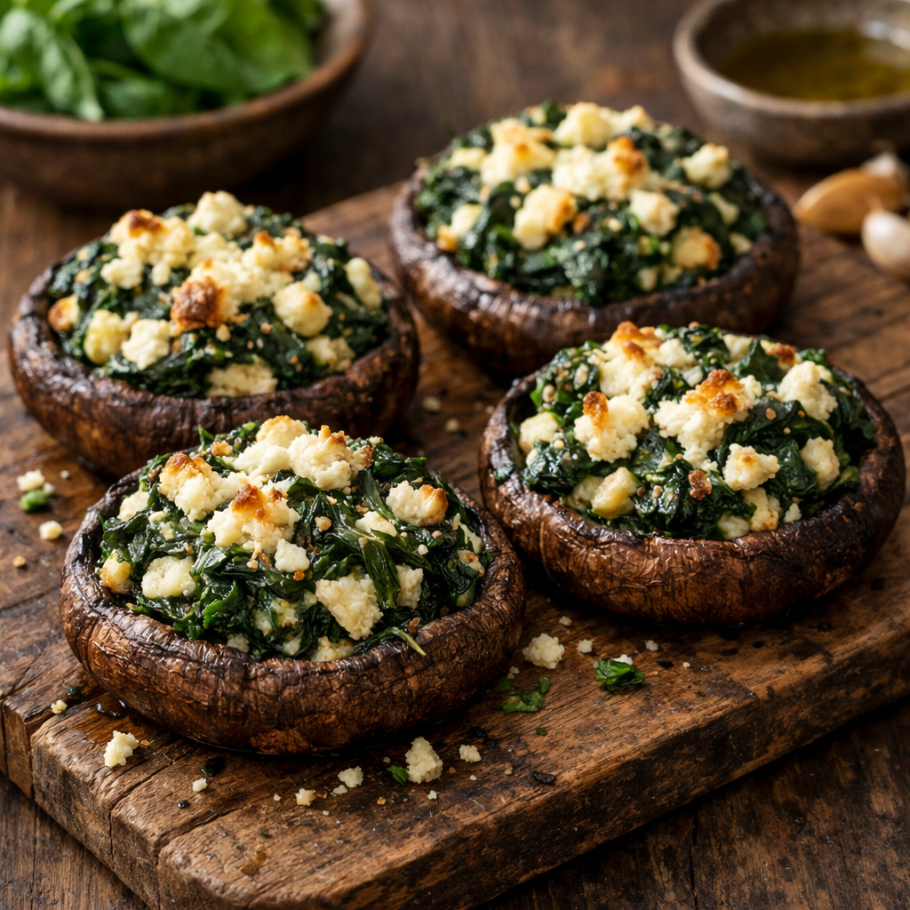 Spinach and Feta Stuffed Portobello Mushrooms on a wooden board