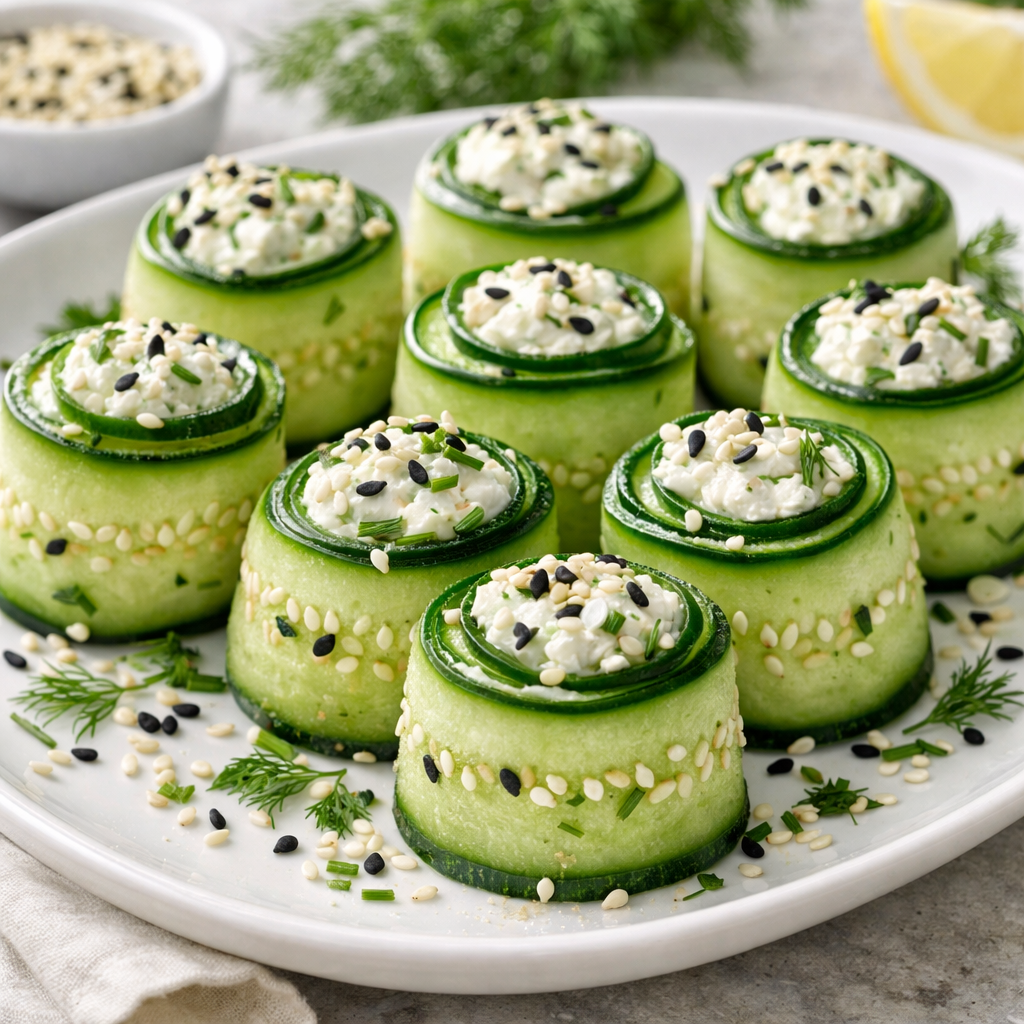 A platter of cucumber rolls filled with cream cheese mixture, garnished with sesame seeds and herbs.