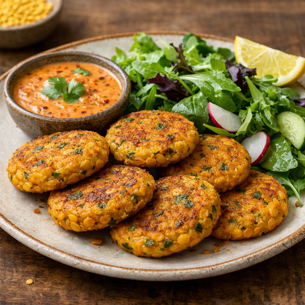 Spiced lentil and veggie patties served with a dipping sauce and salad