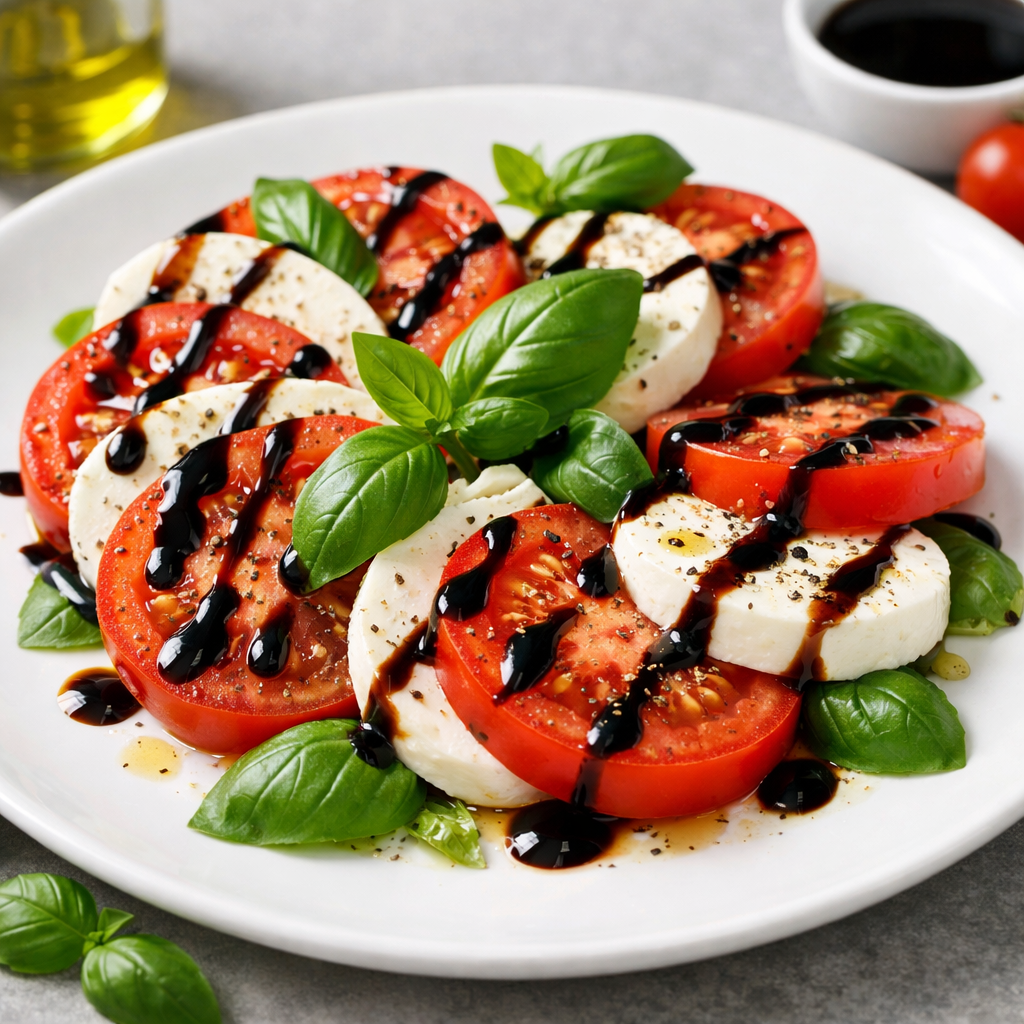 Caprese salad with slices of tomatoes and fresh mozzarella topped with balsamic reduction and basil.