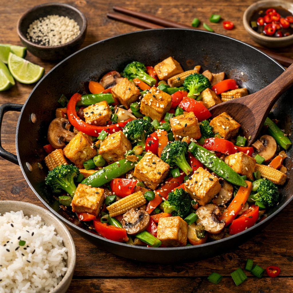 A colorful vegetable stir-fry with tofu in a wok, showcasing bright vegetables and ingredients.
