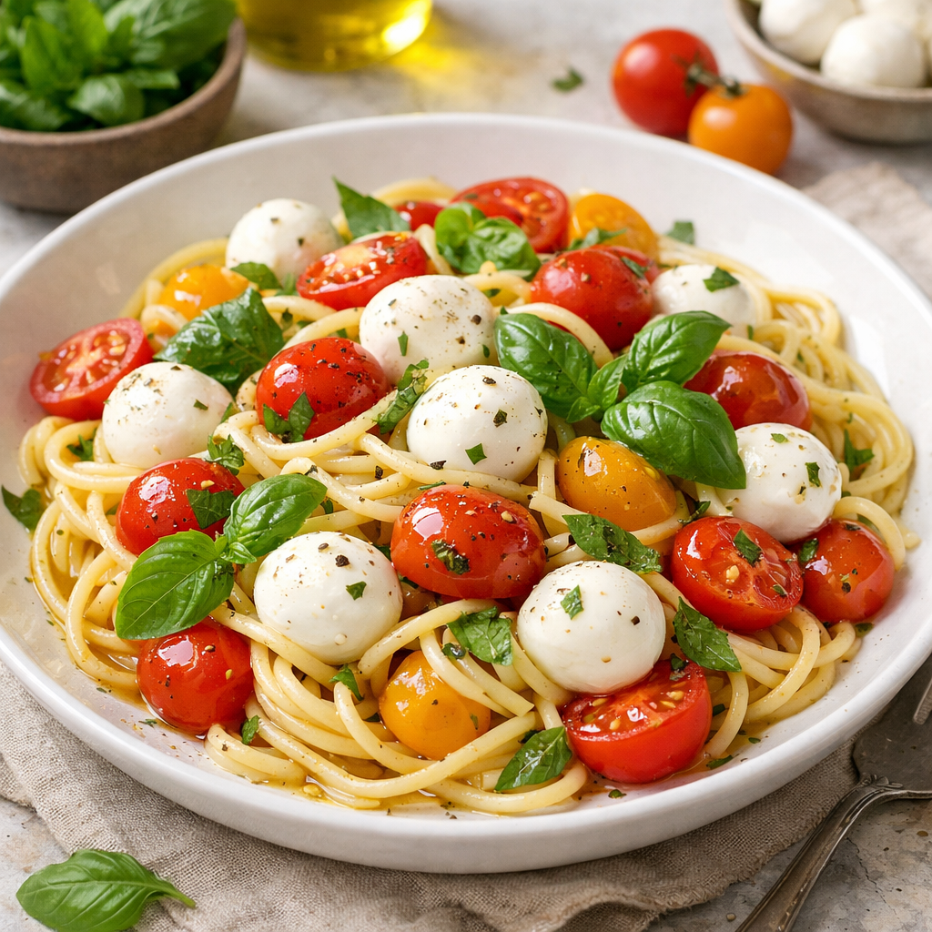 A bowl of Caprese pasta with fresh mozzarella, cherry tomatoes, and basil