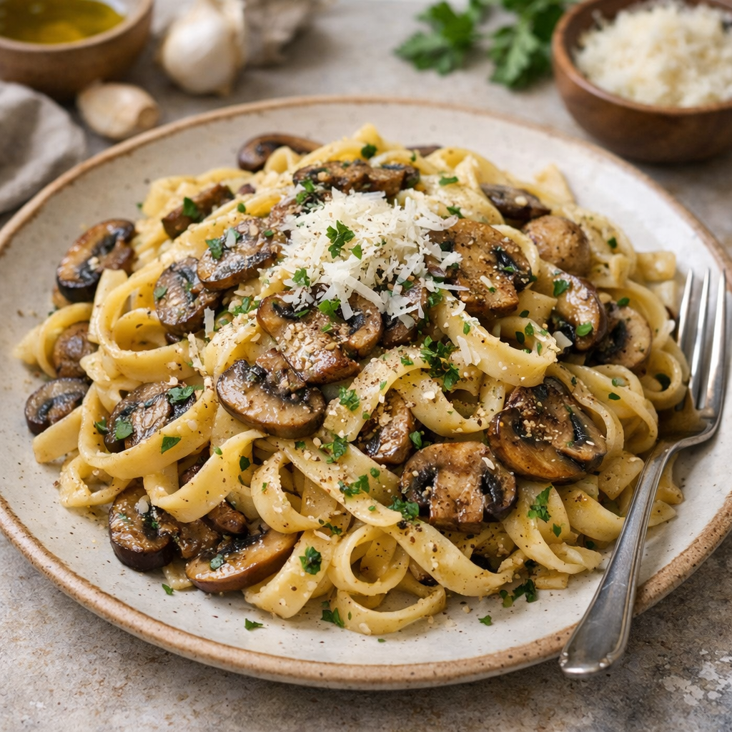 A plate of Garlic Butter Mushroom Fettuccine topped with parsley and parmesan.