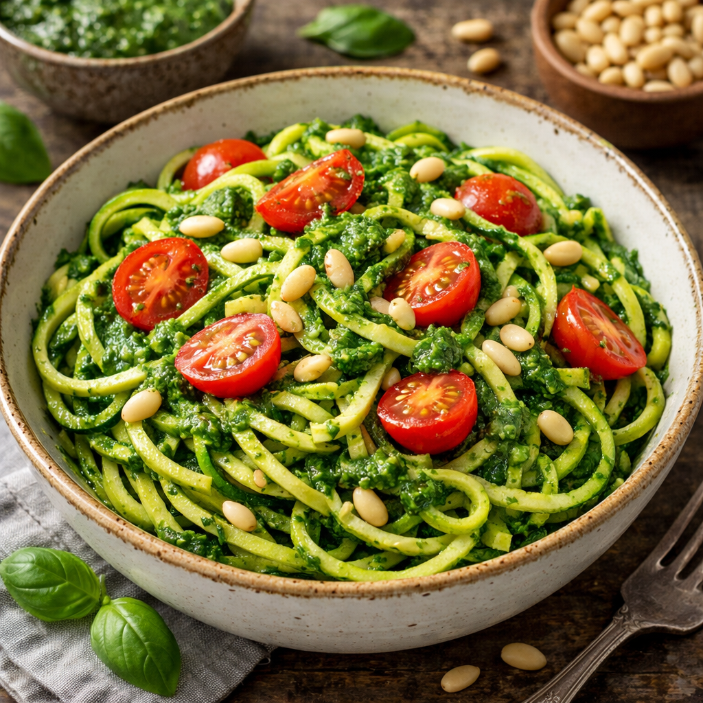 A bowl of zucchini noodles with pesto, garnished with cherry tomatoes and pine nuts.
