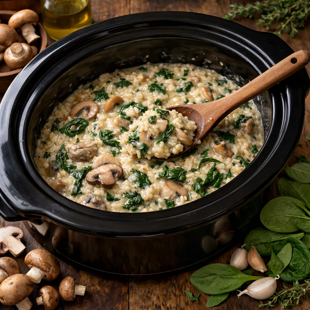 Crockpot filled with creamy mushroom and spinach risotto, garnished with fresh ingredients
