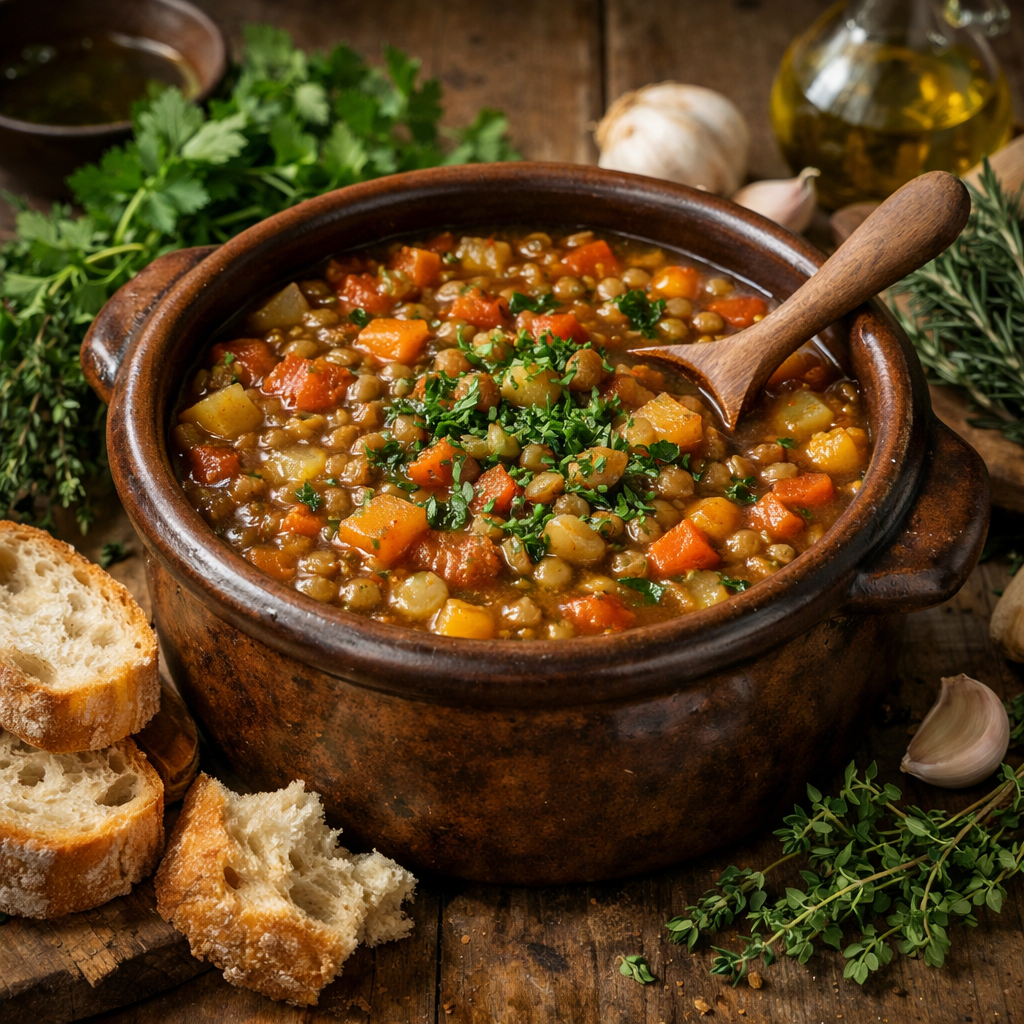 A hearty lentil and vegetable stew in a pottery bowl, garnished with parsley, alongside slices of crusty bread and fresh herbs.