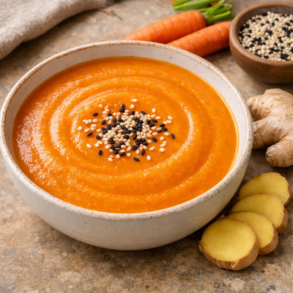 A bowl of carrot and ginger soup with a smooth texture, topped with sesame seeds and accompanied by fresh ginger and carrots.