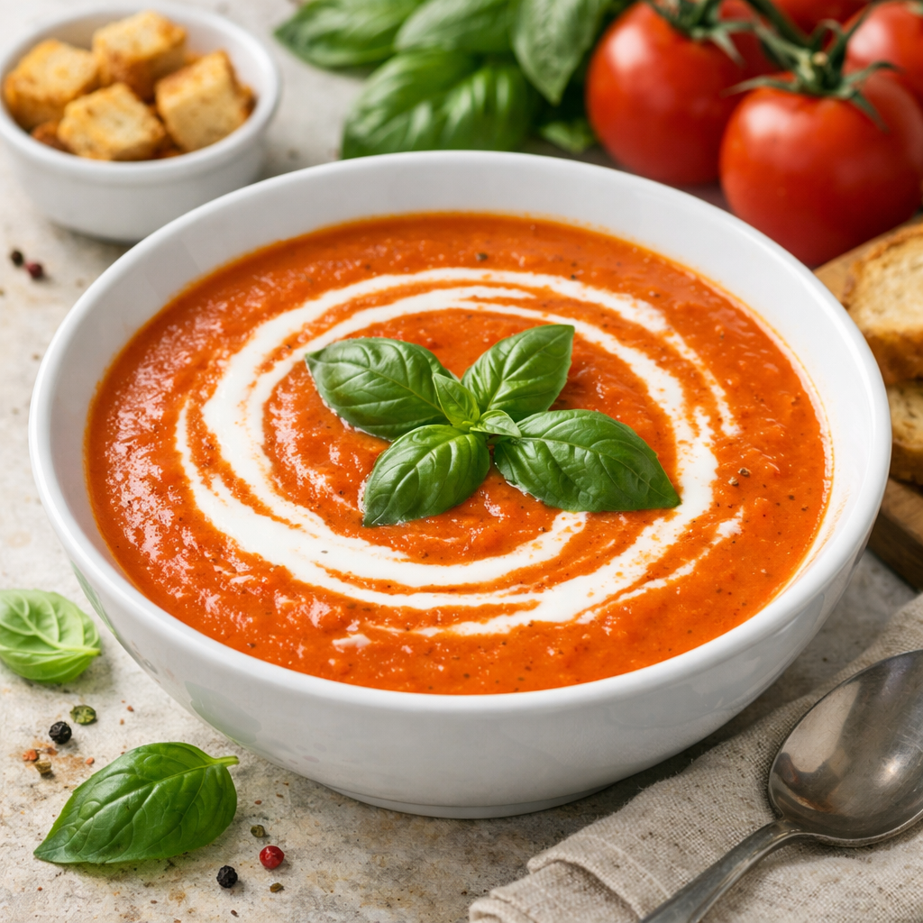 A bowl of creamy tomato basil soup garnished with basil leaves and a swirl of cream.