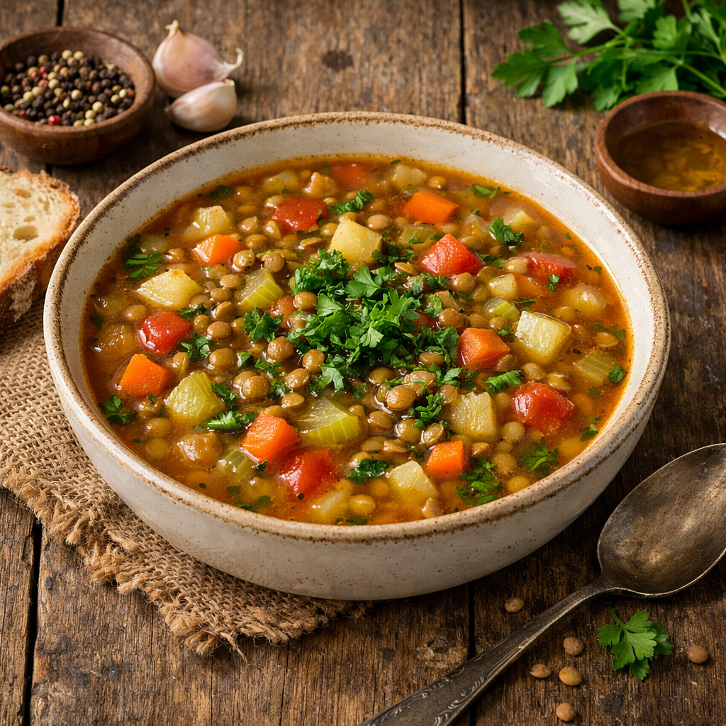 A bowl of hearty lentil and vegetable soup with vibrant veggies and lentils, garnished with fresh herbs.