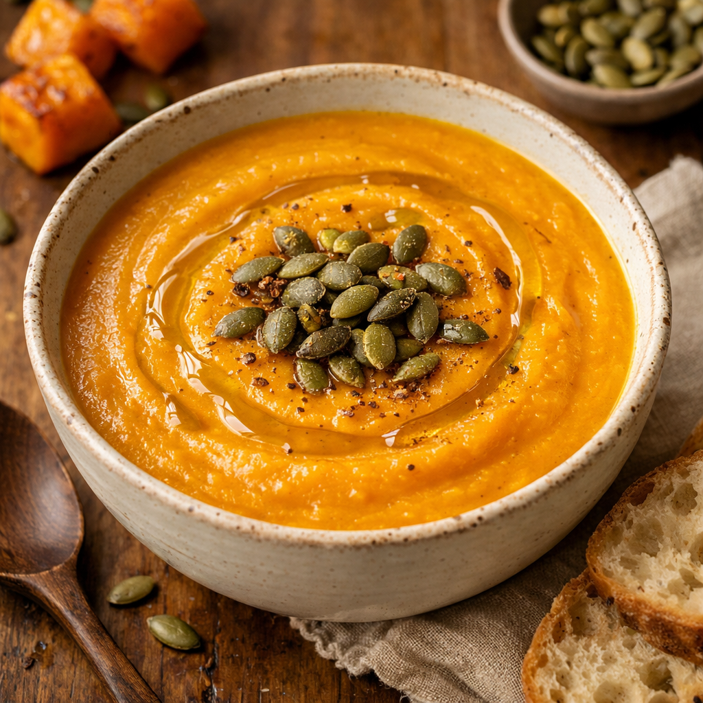 A bowl of roasted butternut squash soup with pumpkin seeds on top, served with bread on the side.