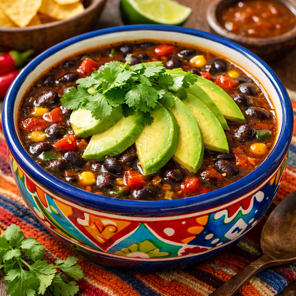 A bowl of spicy black bean soup topped with avocado slices and cilantro, served with tortilla chips.