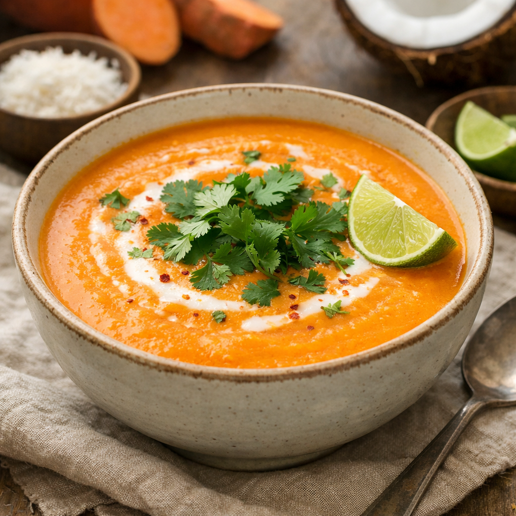 Bowl of sweet potato and coconut soup topped with cilantro and lime