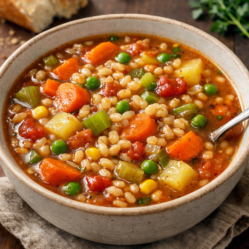 A bowl of vegetable barley soup with colorful vegetables and barley.