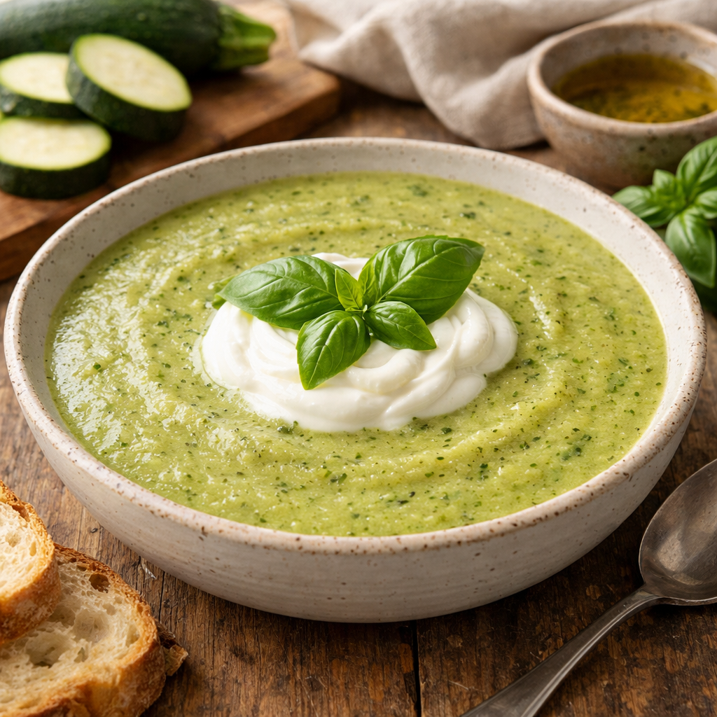 A bowl of creamy zucchini and basil soup garnished with a dollop of sour cream and fresh basil leaves, with sliced zucchinis in the background.
