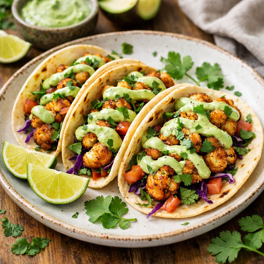Cauliflower tacos topped with avocado lime sauce, served with lime wedges and fresh cilantro.