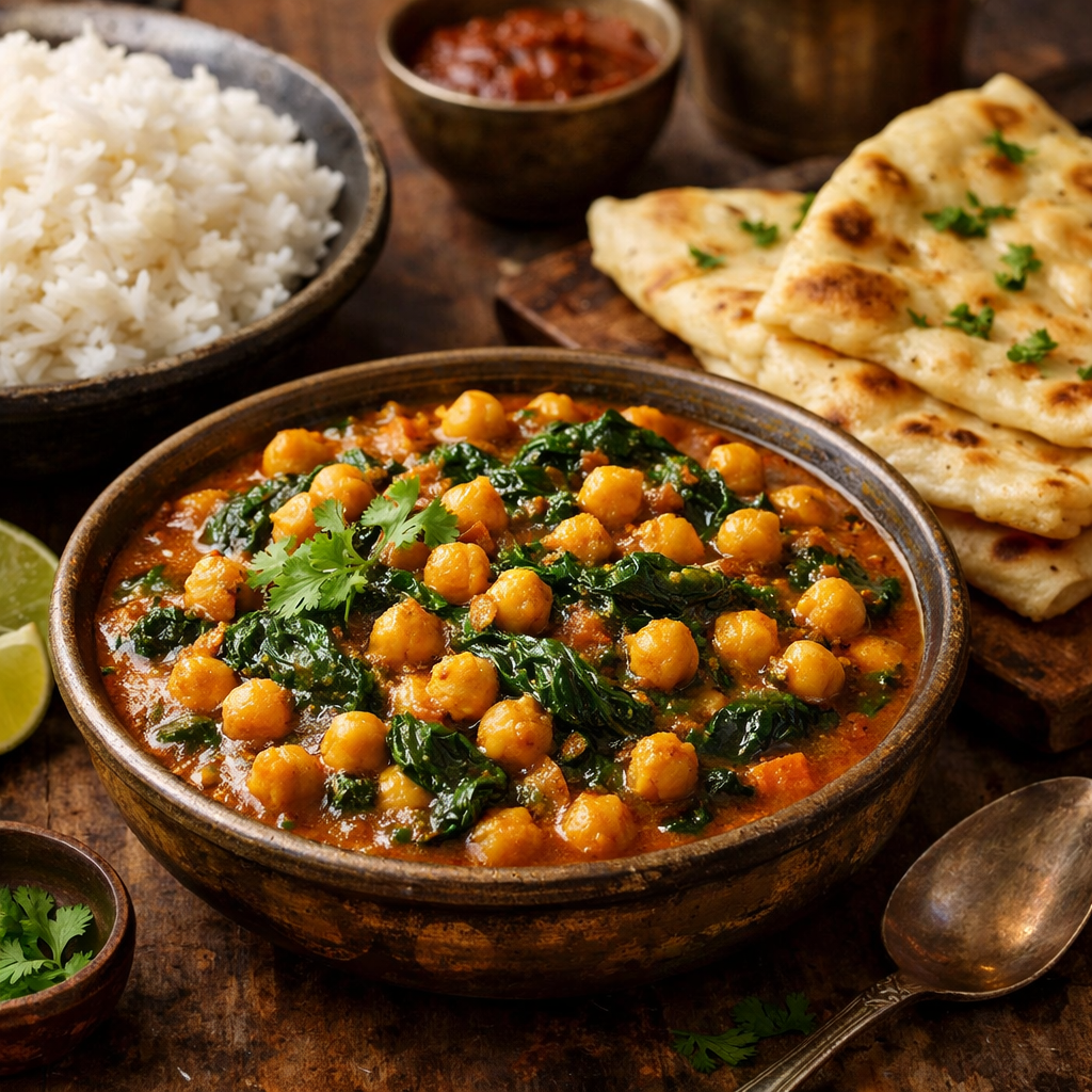 A delicious serving of Chickpea and Spinach Curry along with rice and naan on a rustic wooden table.
