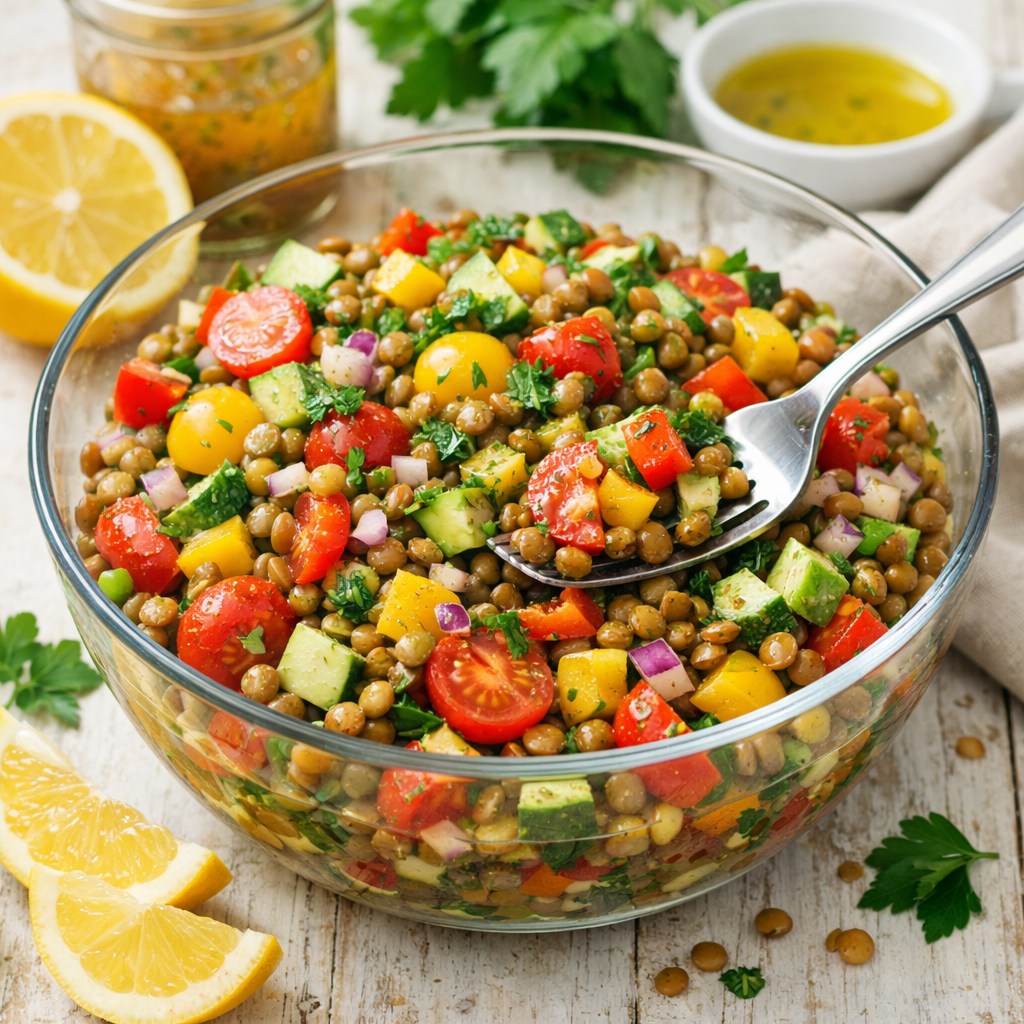 A colorful Lentil Salad with various vegetables and a citrus dressing in a glass bowl