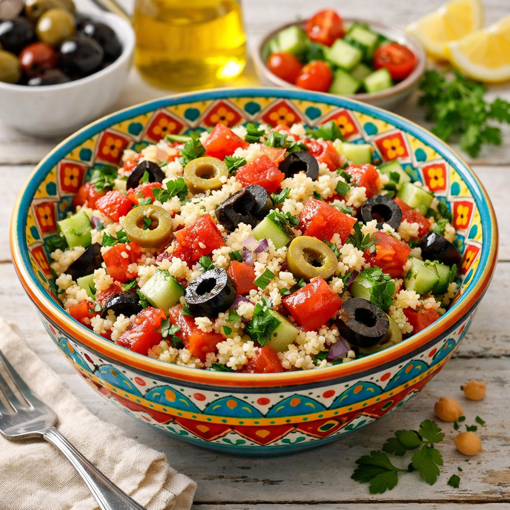 A colorful bowl of Mediterranean Couscous Salad with vegetables and olives