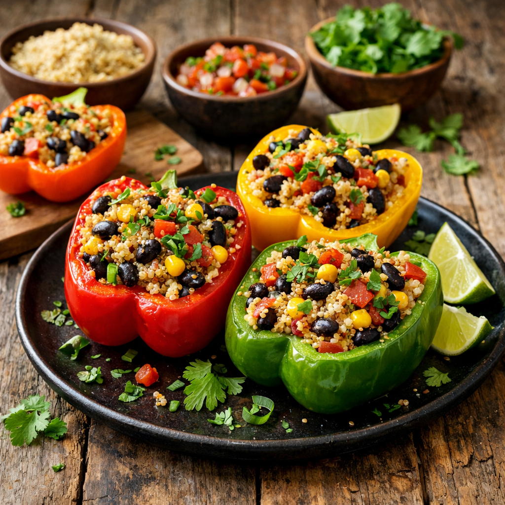 Stuffed bell peppers filled with quinoa, black beans, and colorful vegetables on a wooden table.
