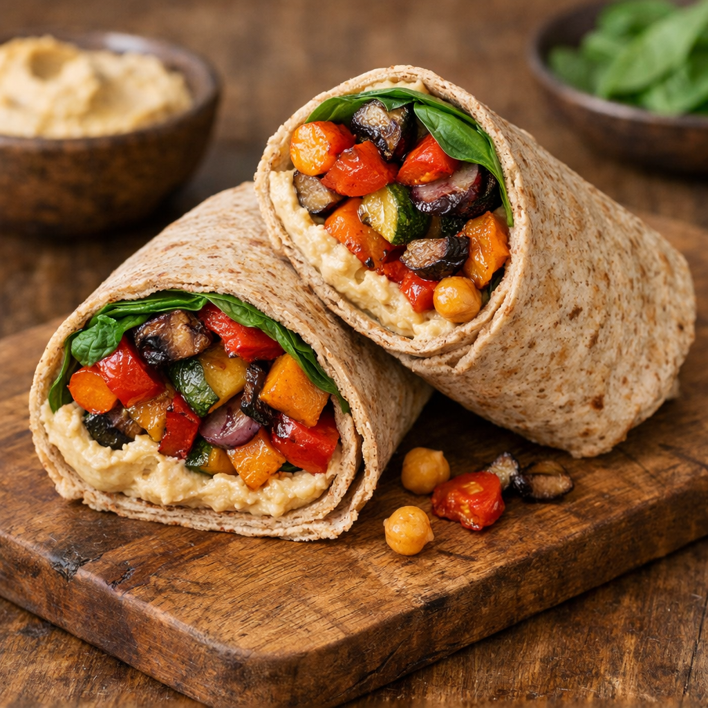 A delicious roasted vegetable and hummus wrap made with colorful veggies, greens, and a whole wheat tortilla.